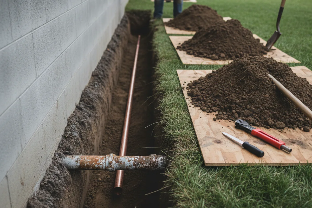 Excavated water line trench during Water Softener Installation in Holliston